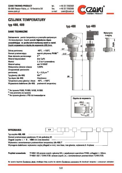 Czujnik temperatury TP-488 (złącze higieniczne, Pt100)