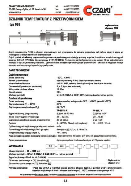 Czujnik temperatury z przetwornikiem TP-995