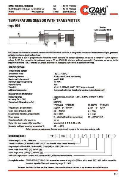 Temperature sensor with transmitter TP-995