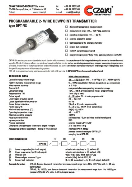 DPT-NS Programmable 2- wire dewpoint transmitter