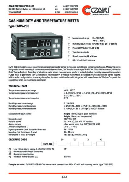 Miernik wilgotności i temperatury gazów EMW-200