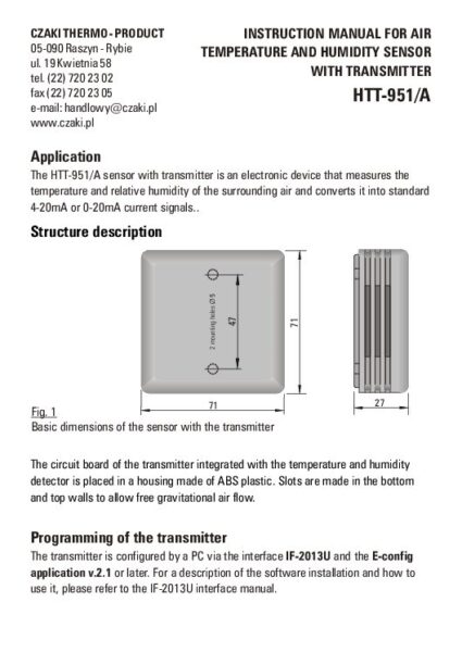 Przetwornik temperatury i wilgotności powietrza HTT-951