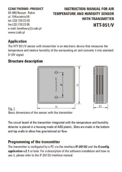Przetwornik temperatury i wilgotności powietrza HTT-952