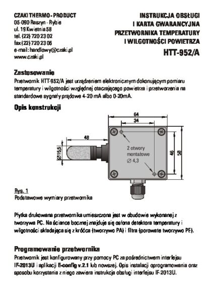 Przetwornik temperatury i wilgotności powietrza HTT-952