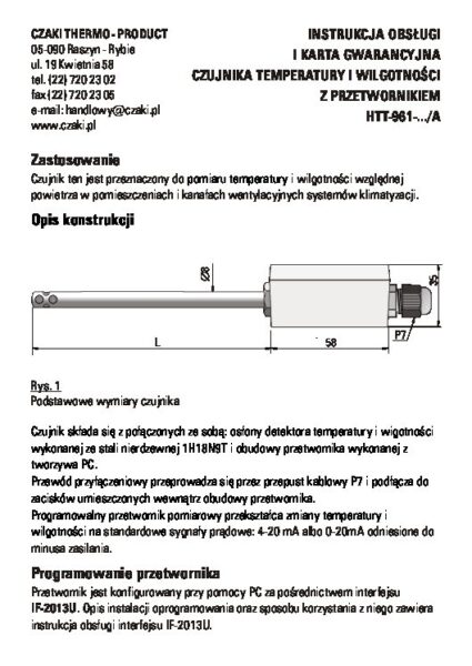Przetwornik temperatury i wilgotności powietrza HTT-961