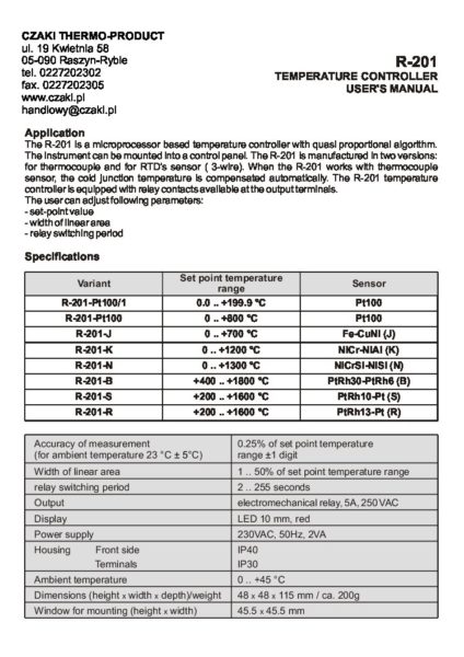R-201 Regulator temperatury (regulacja proporcjonalna)