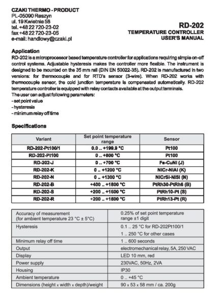 RD-202 Rail-mount temperature controller (on/off with hysteresis control characteristic)