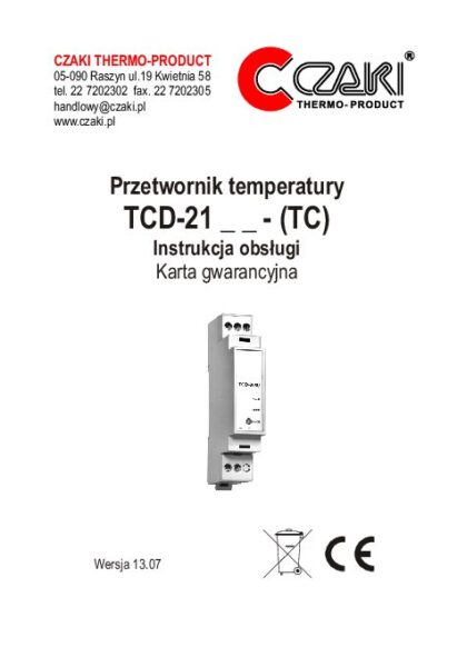 TCD Analogowy przetwornik temperatury na szynę DIN