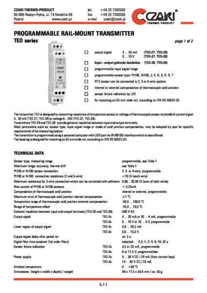 TED-27  Programowalny przetwornik temperatury na szynę DIN (wyjście 4-20mA)
