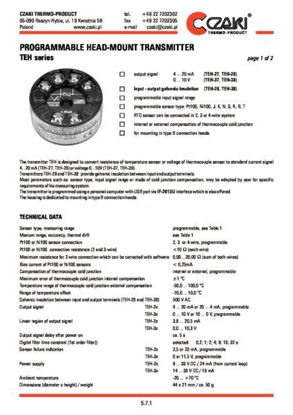 TEH-27 Programowalny, głowicowy przetwornik temperatury (wyjście 4-20mA)