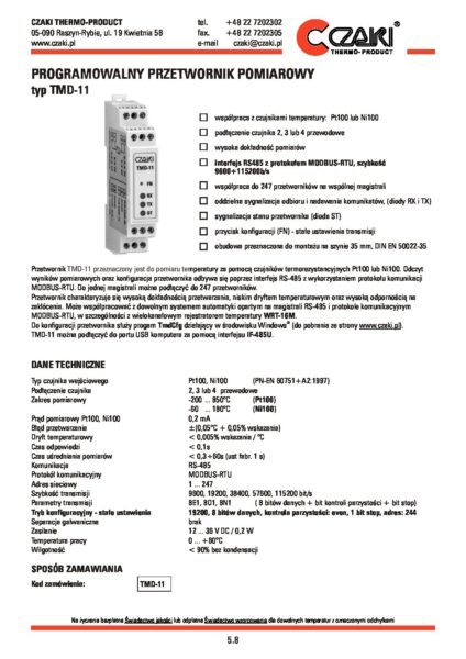 Przetwornik temperatury TMD-11 (na szynę DIN, MODBUS-RTU, Pt100)