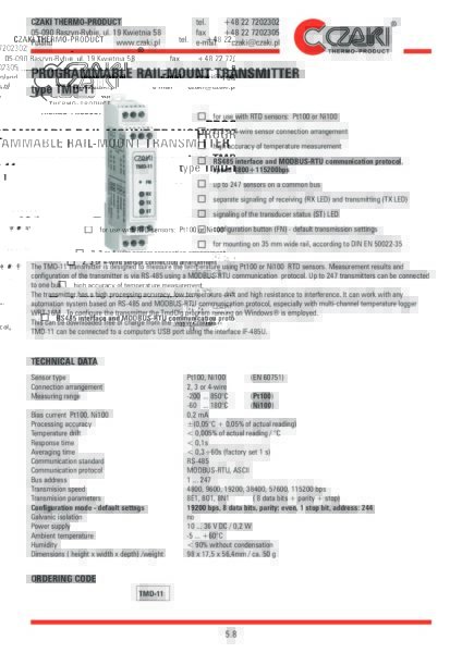 Przetwornik temperatury TMD-11 (na szynę DIN, MODBUS-RTU, Pt100)